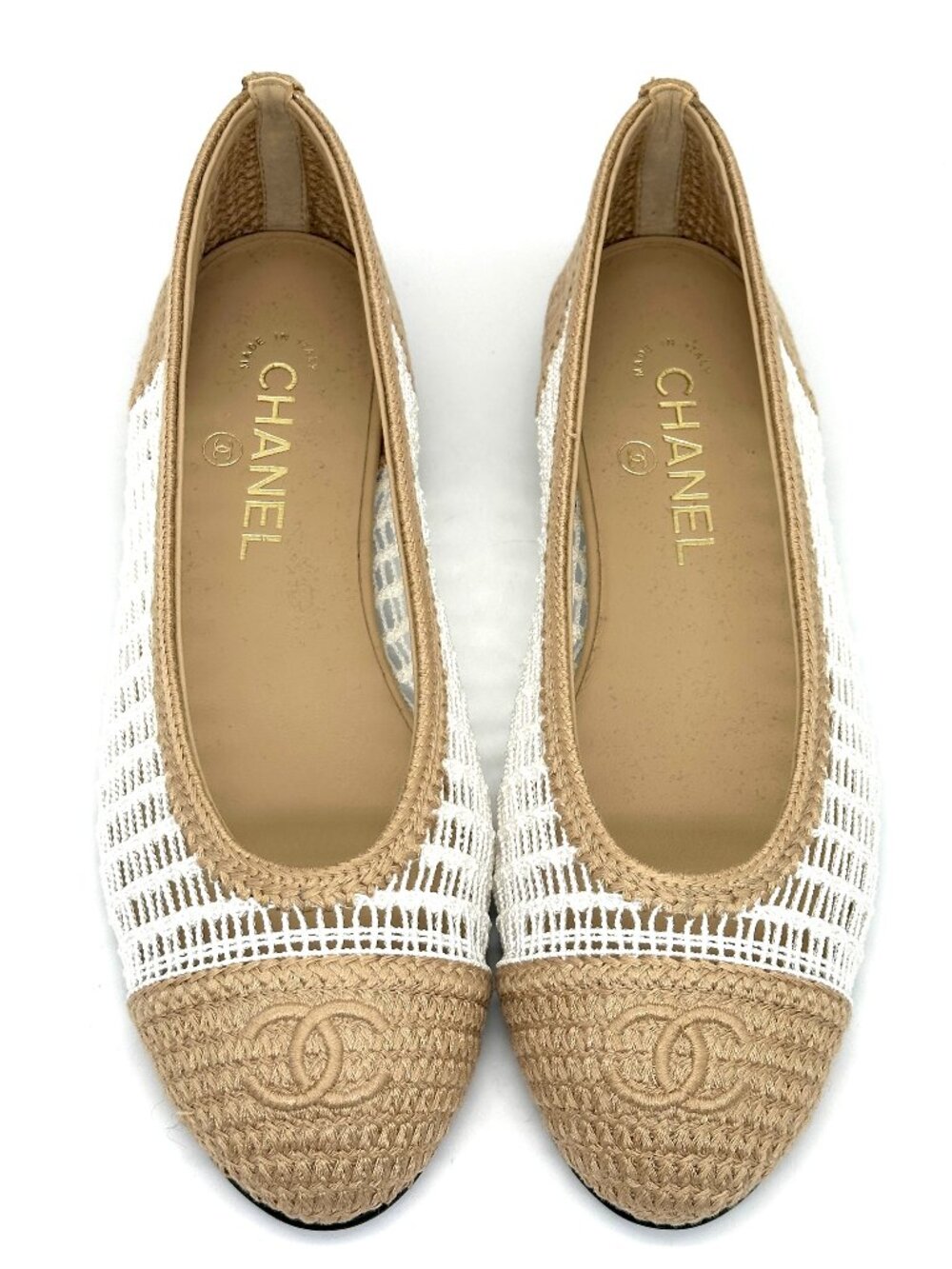 CHANEL REV CC Raffia Crochet Woven Two Tone Cap Toe Ballerina Ballet Flats - Picture 5 of 14